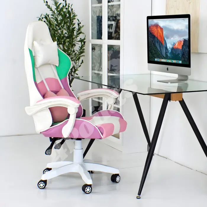 Геймерское игровое компьютерное кресло 4PointsGT для девушек с подушками раскладное розовое белое