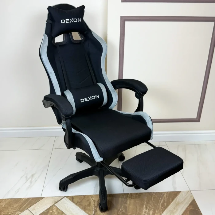 Геймерське ігрове крісло комп'ютерне DEXON ONYX з підставкою для ніг з тканини та велюру спортивне для пк розкладне Cold Grey