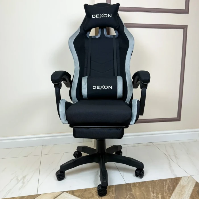 Геймерське ігрове крісло комп'ютерне DEXON ONYX з підставкою для ніг з тканини та велюру спортивне для пк розкладне Cold Grey
