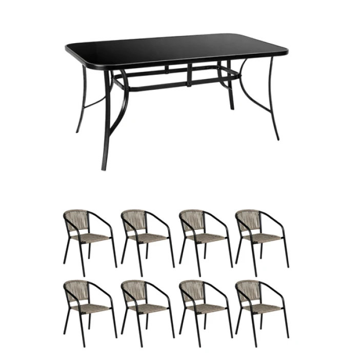 Комплект садових меблів 4Points Bassano-8 з прямокутним столом 150х90х70см з чорною стільницею, Сірий