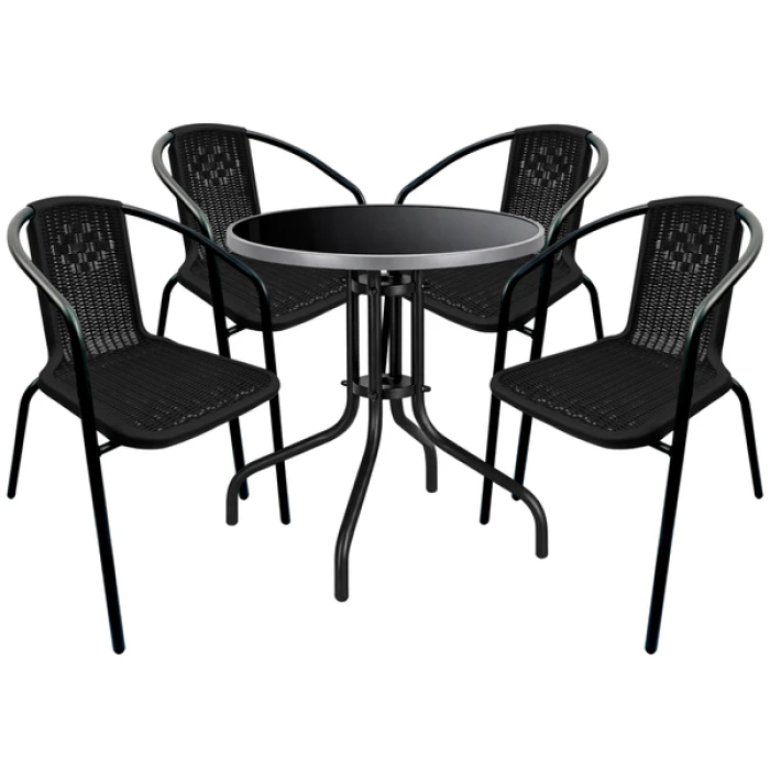 Комплект садовой мебели 4Points Arno-4 круглый стол ?60см с черной стеклянной столешницей/серый ободок, Черный