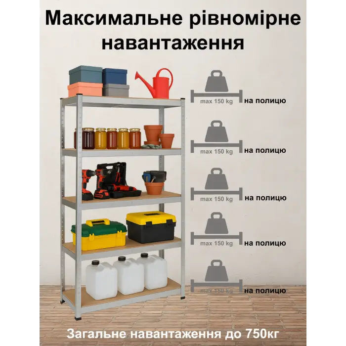 Стеллаж 4Р StrongShelf 180X60X30см оцинкованный 5 полок МДФ общая нагрузка до 750 кг для склада кладовой гараж