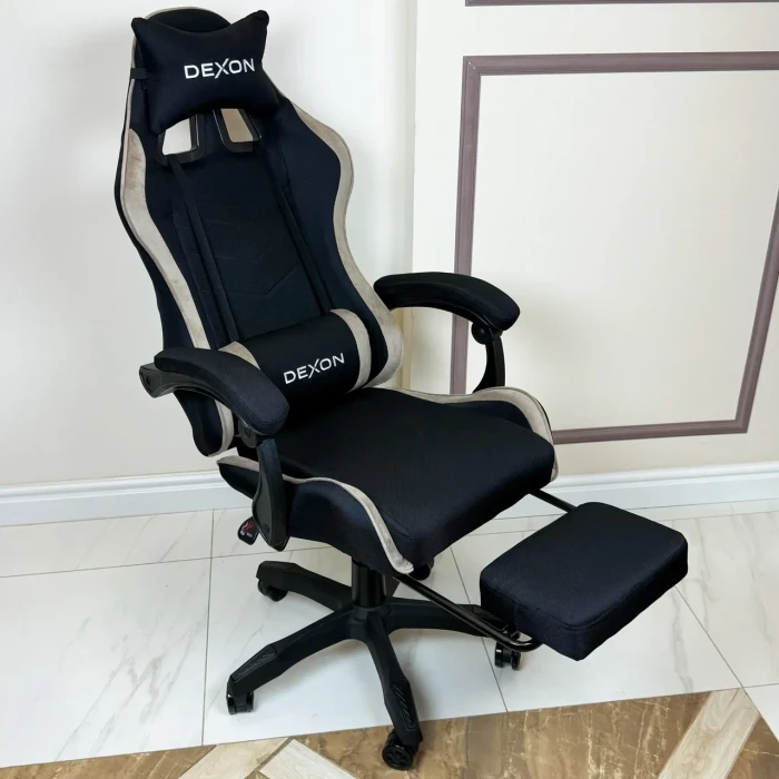 Геймерське ігрове крісло комп'ютерне DEXON ONYX з підставкою для ніг з тканини та велюру спортивне для пк розкладне Cofee