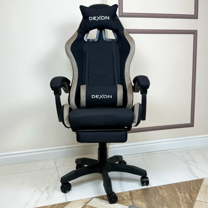 Геймерське ігрове крісло комп'ютерне DEXON ONYX з підставкою для ніг з тканини та велюру спортивне для пк розкладне Cofee
