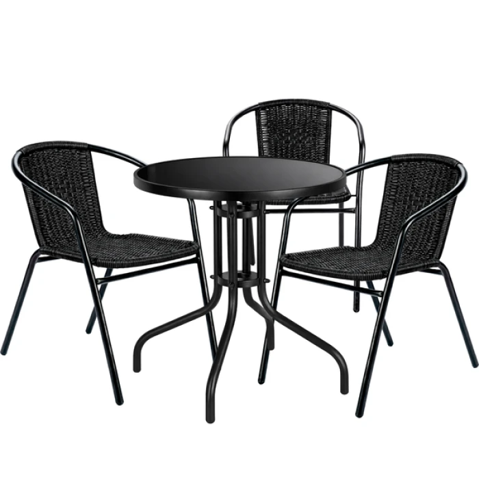 Комплект садовой мебели 4Points Dozza-3 круглый стол 60см с черной стеклянной столешницей, Черный