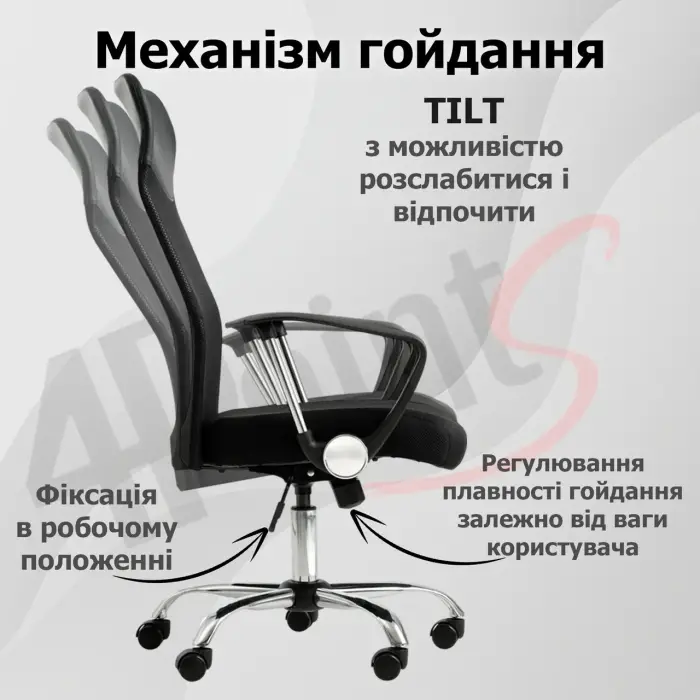 Кресло компьютерное 4Points Prestige стул офисный из экокожи сетки ткани хромированная основа для работы офиса дома Черный