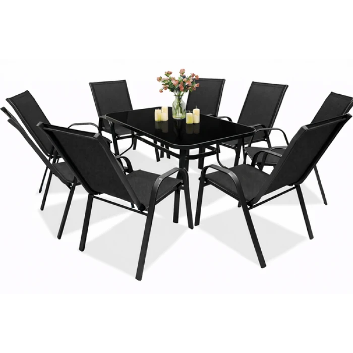 Комплект садовой мебели 4Points Bergamo-8 с прямоугольным столом 150х90х70см с черной столешницей, Черный