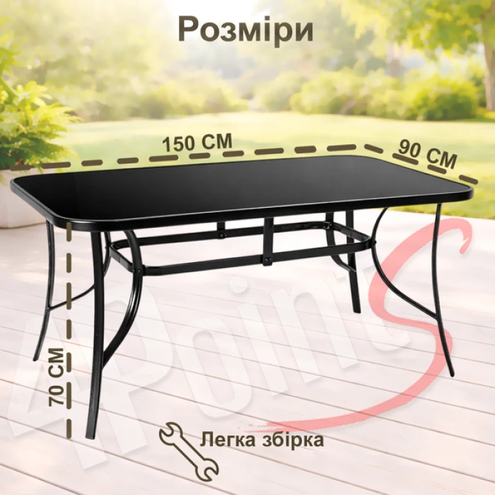 Комплект садовой мебели 4Points Salento-8 с прямоугольным столом 150х90х70см с черной стеклянной столешницей, Черный