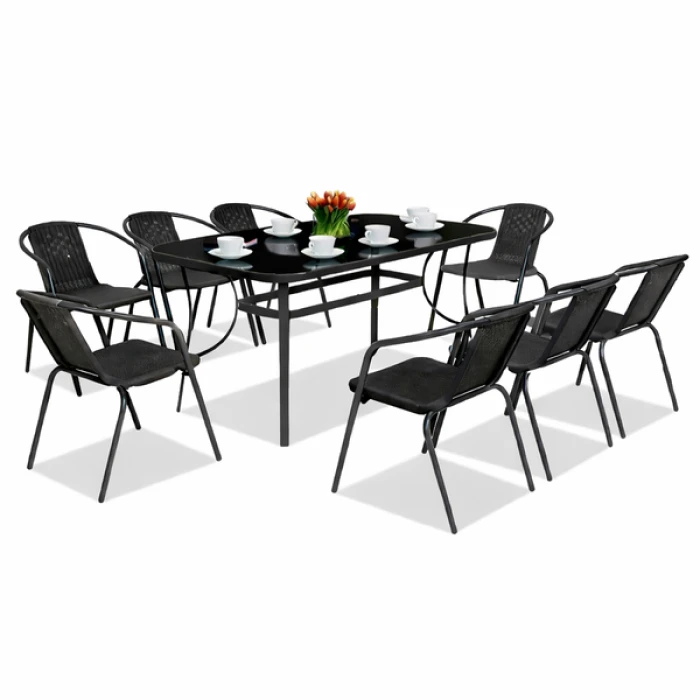 Комплект садовой мебели 4Points Salento-8 с прямоугольным столом 150х90х70см с черной стеклянной столешницей, Черный