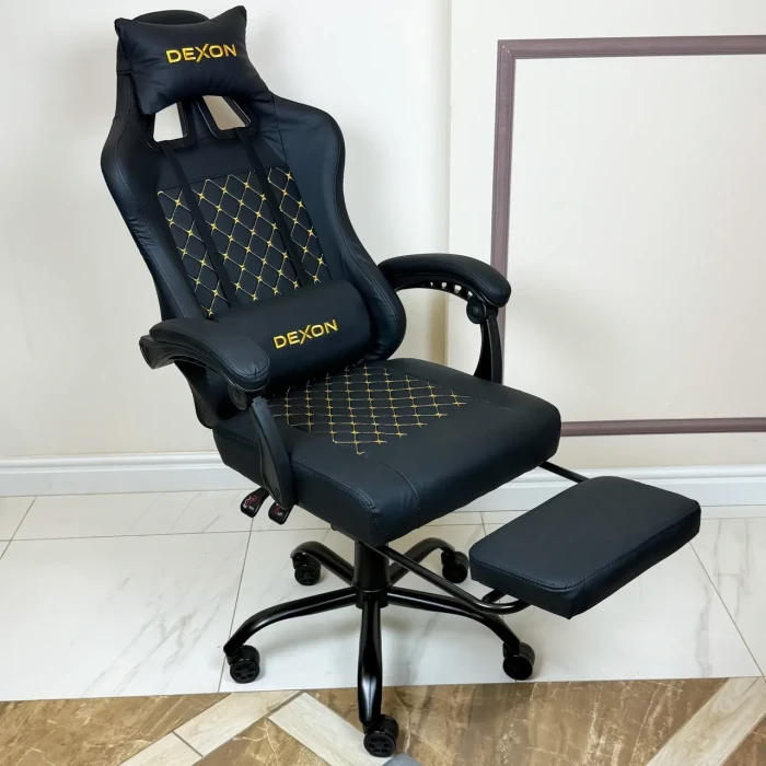 Геймерське ігрове крісло комп'ютерне DEXON ECLIPSE з підставкою для ніг з екошкіри антикіготь спортивне для пк розкладне Чорний