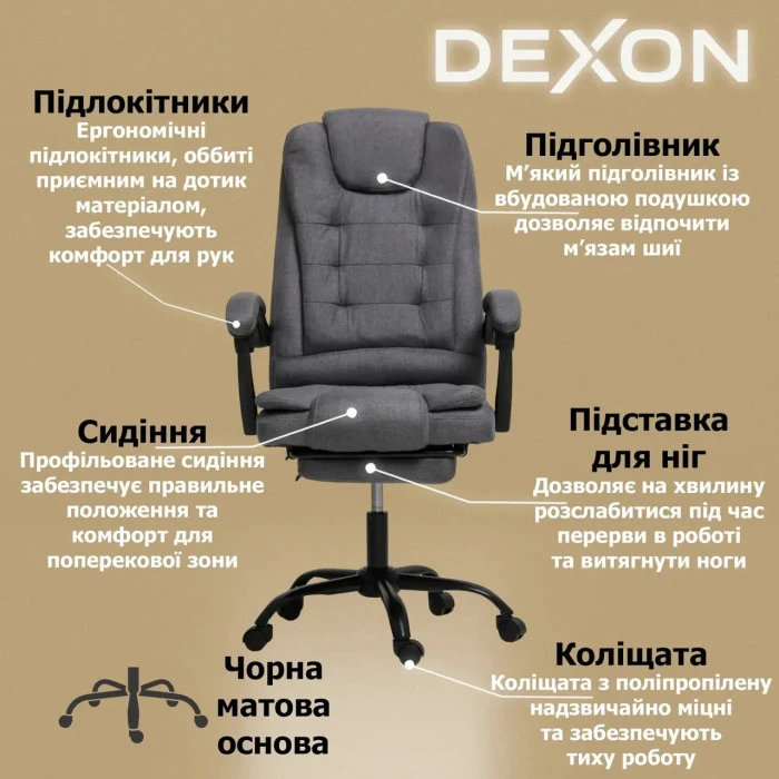 Комп'ютерне крісло до 150 кг DEXON AXIS з тканини зручне посилене офісне крісло керівника директора для кабінету офісу будинку ТС