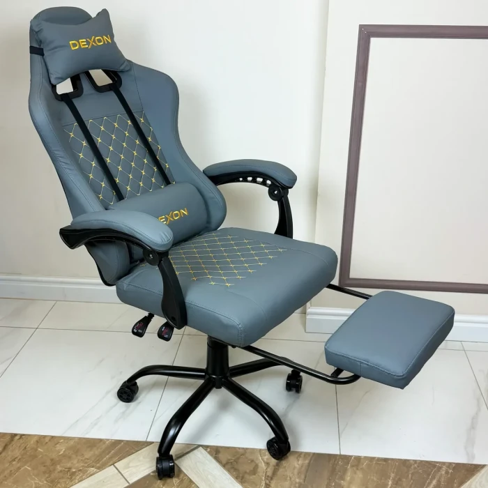 Геймерське ігрове крісло комп'ютерне DEXON ECLIPSE з підставкою для ніг з екошкіри антикіготь спортивне для пк розкладне Сірий