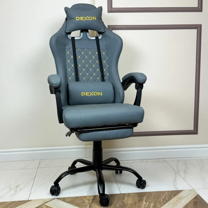 Геймерське ігрове крісло комп'ютерне DEXON ECLIPSE з підставкою для ніг з екошкіри антикіготь спортивне для пк розкладне Сірий