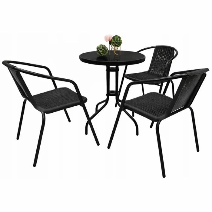 Комплект садових меблів 4Points Asolo-3 круглий стіл ?60см з чорною скляною стільницею, Чорний