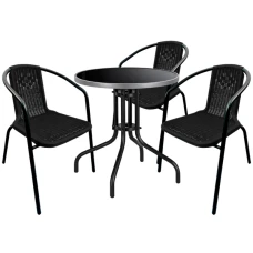 Комплект садових меблів 4Points Arno-3 круглий стіл ?60см з чорною скляною стільницею/сірий обідок, Чорний