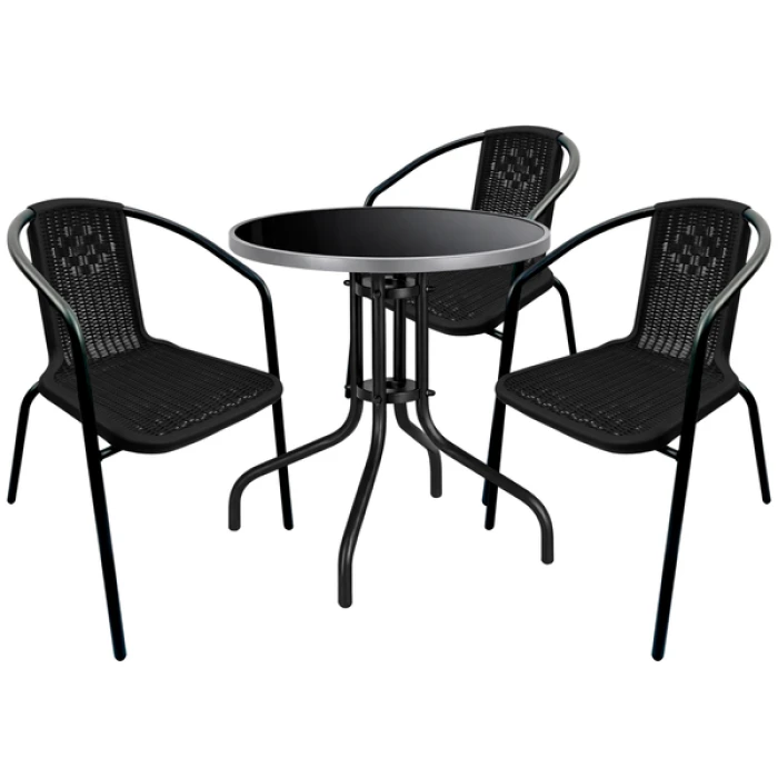 Комплект садових меблів 4Points Arno-3 круглий стіл ?60см з чорною скляною стільницею/сірий обідок, Чорний
