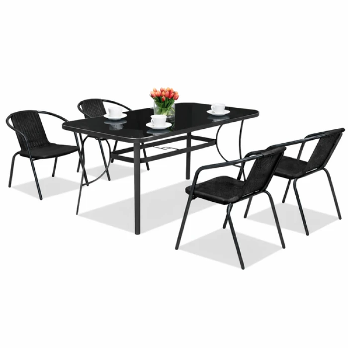 Комплект садових меблів 4Points Salento-4 з прямокутним столом 150х90х70см з чорною скляною стільницею, Чорний