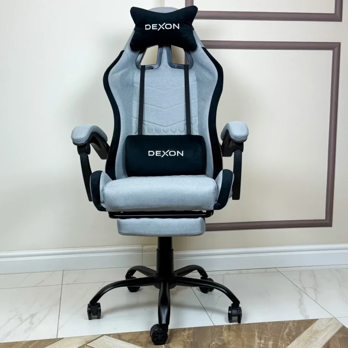 Геймерське ігрове крісло комп'ютерне DEXON ORION X з підставкою для ніг з тканини і велюровими подушками для пк розкладне Сірий
