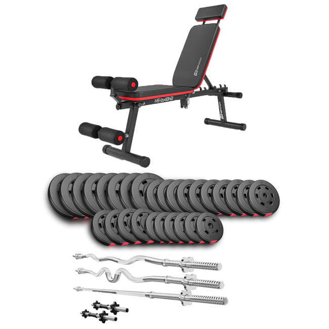 Набор Hop-Sport Premium 173кг со скамьей HS-2040 HB, штангами и гантелями.