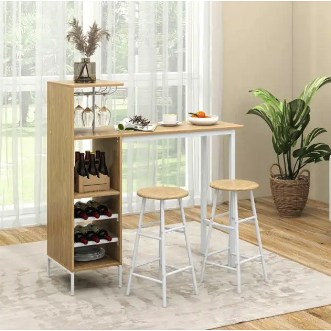 Барный стол со стульями Costway Bistro с держателем винных бокалов натуральный