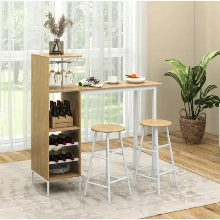 Барный стол со стульями Costway Bistro с держателем винных бокалов натуральный