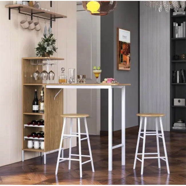 Барный стол со стульями Costway Bistro с держателем винных бокалов натуральный
