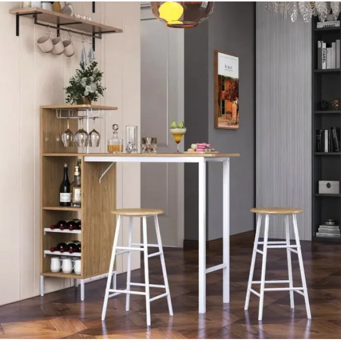 Барный стол со стульями Costway Bistro с держателем винных бокалов натуральный
