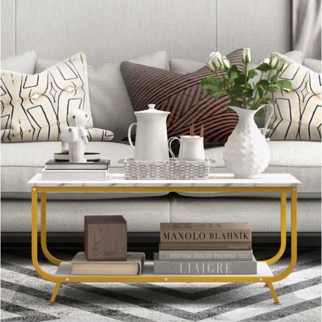 Журнальный стол Costway Marble двухъярусный белый