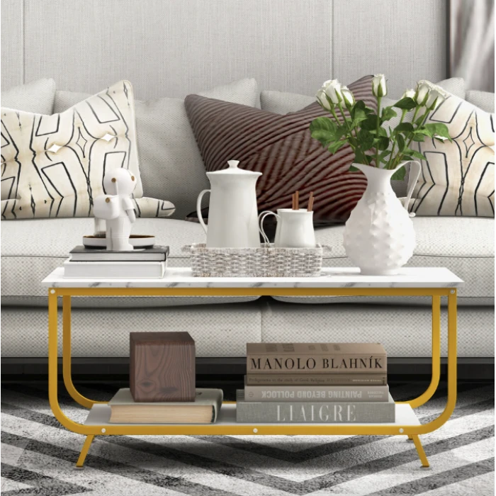 Журнальный стол Costway Marble двухъярусный белый