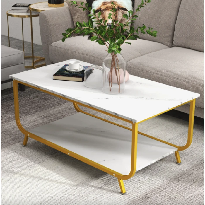 Журнальный стол Costway Marble двухъярусный белый