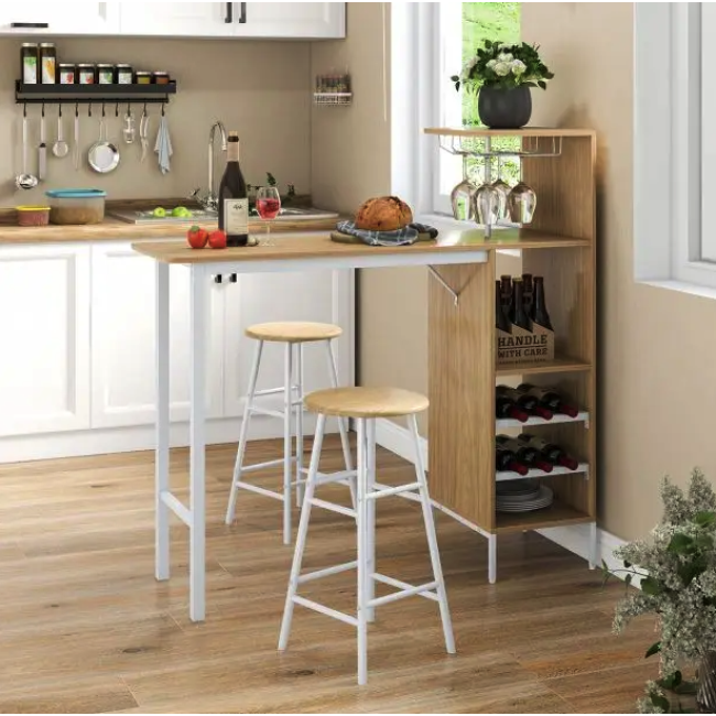 Барный стол со стульями Costway Bistro с держателем винных бокалов натуральный