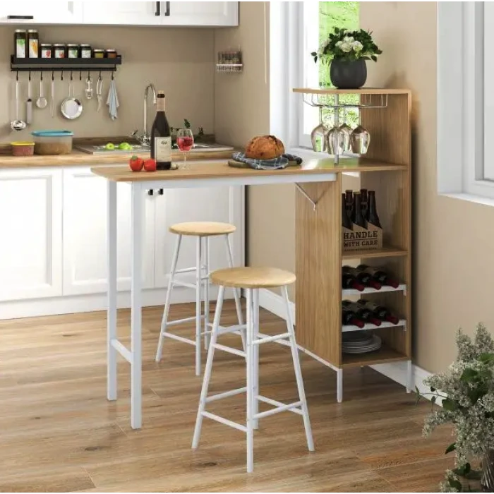 Барный стол со стульями Costway Bistro с держателем винных бокалов натуральный