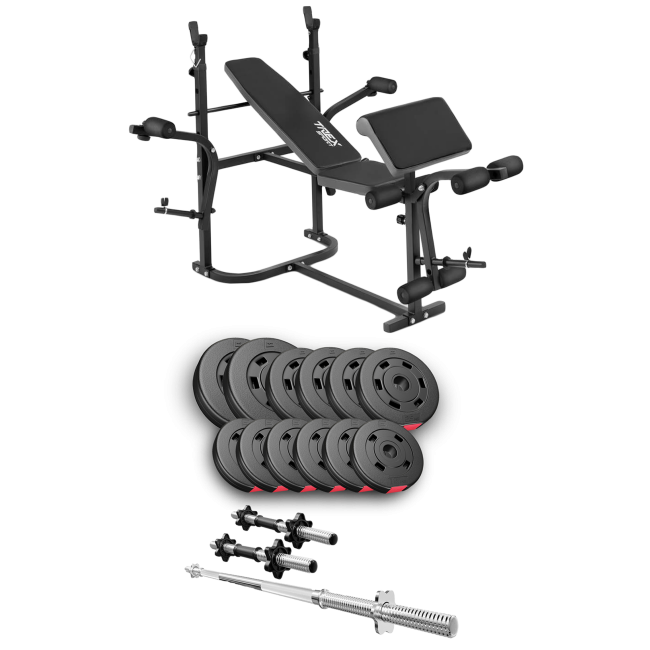 Набор Hop-Sport Premium 38кг со скамейкой TX-020, штангой и гантелями.
