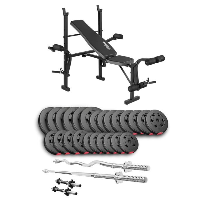 Набор Hop-Sport Premium 135кг со скамьей TX-055, штангами и гантелями.