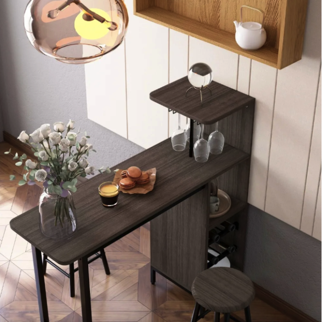 Барный стол со стульями Costway Bistro с держателем винных бокалов коричневый