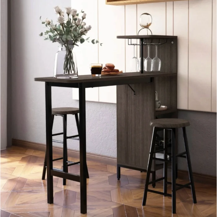 Барний стіл з стільцями Costway Bistro з тримачем винних келихів коричневий