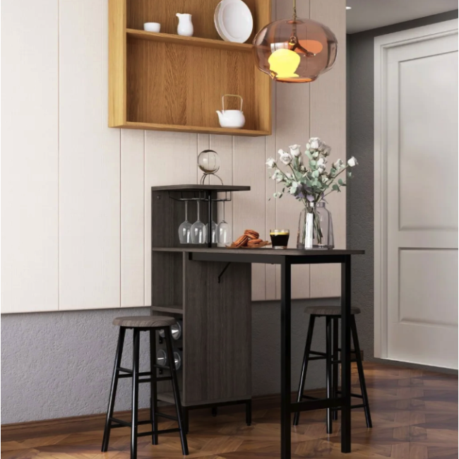 Барный стол со стульями Costway Bistro с держателем винных бокалов коричневый