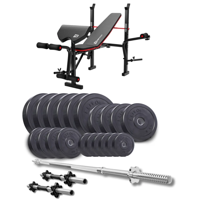 Набор Elitum Titan 109кг со скамьей HS-1055 Pro, штангой и гантелями.