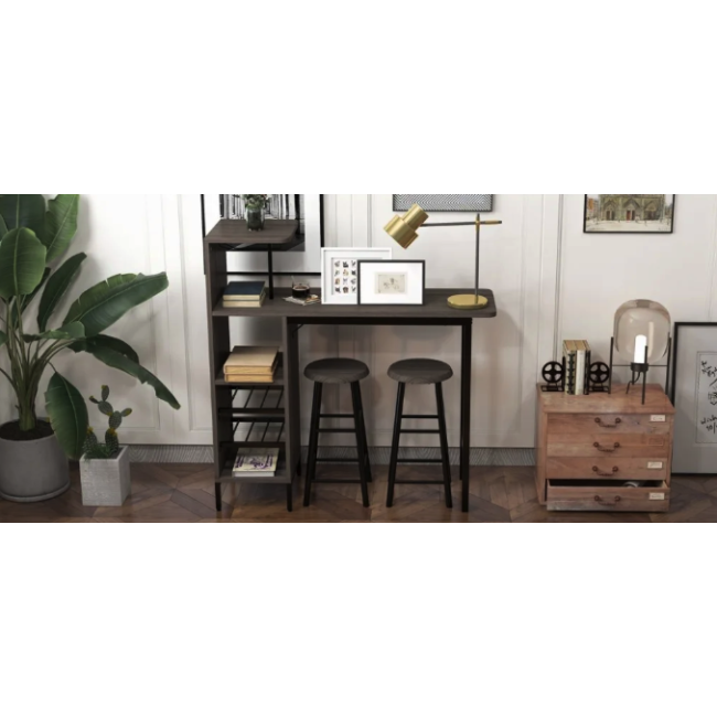 Барный стол со стульями Costway Bistro с держателем винных бокалов коричневый