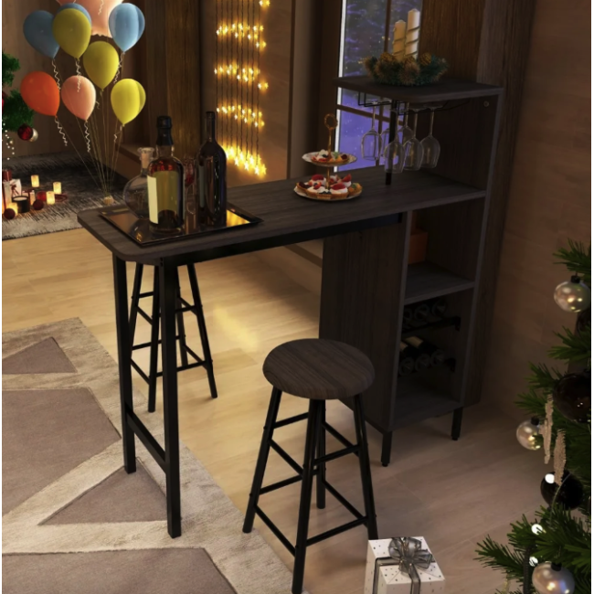 Барный стол со стульями Costway Bistro с держателем винных бокалов коричневый