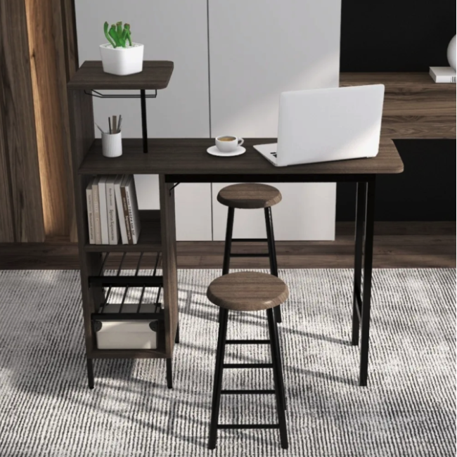 Барный стол со стульями Costway Bistro с держателем винных бокалов коричневый