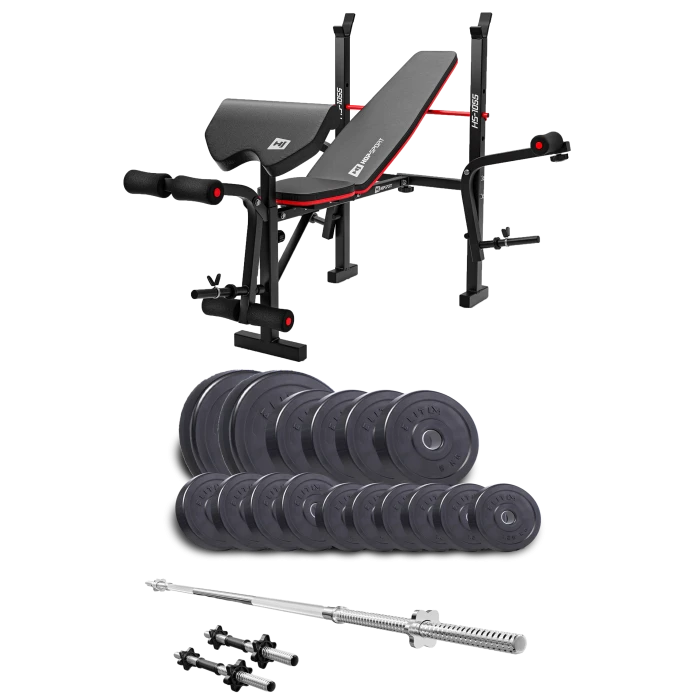 Набір Elitum Titan 68кг з лавою HS-1055 Pro, штангою та гантелями