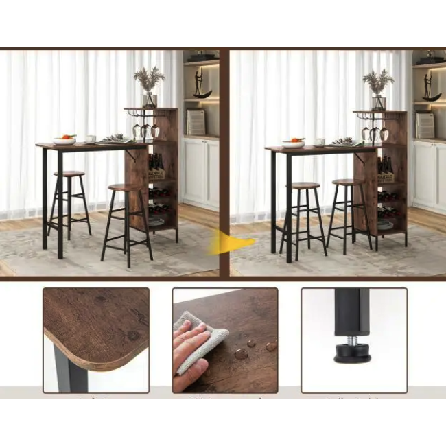 Барный стол со стульями Costway Bistro с держателем винных бокалов темно-коричневый