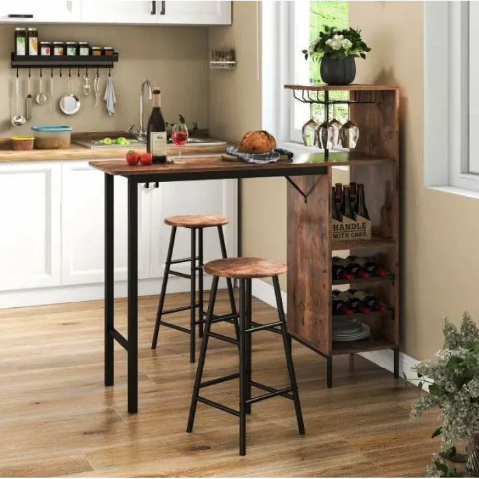 Барний стіл з стільцями Costway Bistro з тримачем винних келихів темно-коричневий