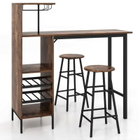 Барный стол со стульями Costway Bistro с держателем винных бокалов темно-коричневый