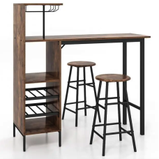 Барный стол со стульями Costway Bistro с держателем винных бокалов темно-коричневый