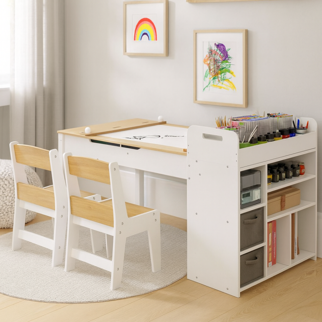Детский набор Costway Fantastik 3 в 1: стол, 2 стулья, натуральный мольберт.
