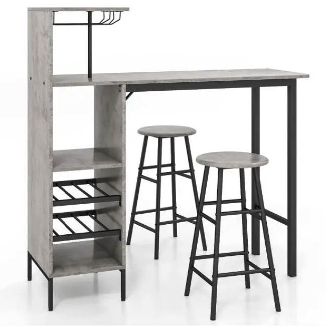 Барный стол со стульями Costway Bistro с держателем винных бокалов серый