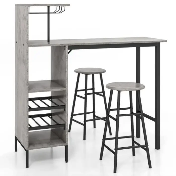 Барний стіл з стільцями Costway Bistro з тримачем винних келихів сірий