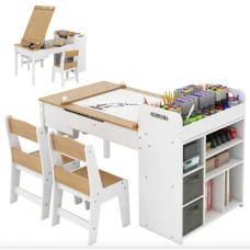 Детский набор Costway Fantastik 3 в 1: стол, 2 стулья, натуральный мольберт.